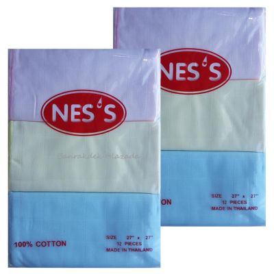 NESS ผ้าอ้อมสาลู เนื้อนุ่ม 3 สี ขนาด 27"x27" จำนวน 12 ผืน/แพ็ค (2 แพ็ค)