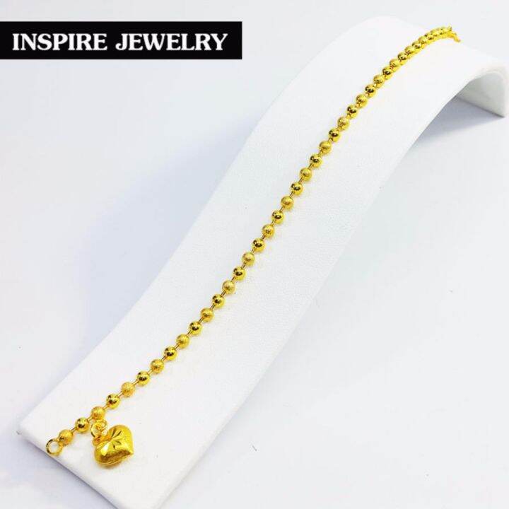 inspire-jewelry-สร้อยข้อมือทอง-เม็ดกลม-ขัดมัน-สลับซาติน-ห้อยหัวใจตอกลาย-แบบร้านทอง-มีให้เลือกระหว่างขนาดเม็ด-2มิล-และ-3มิล-น้ำหนัก-งานทองไมครอน-ชุบเศษทองคำแท้