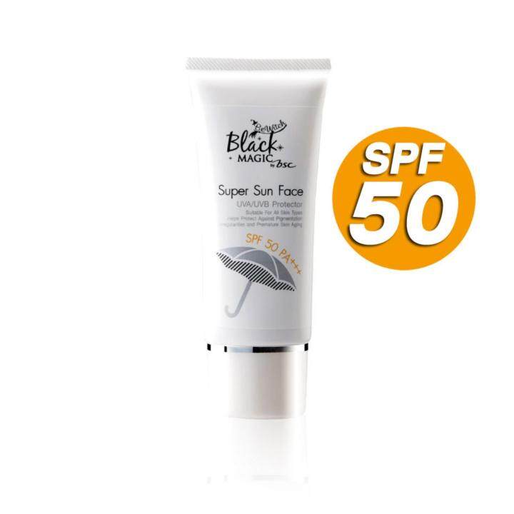 bewitch-black-magic-super-sun-face-spf-50-pa-super-sun-face-spf-50-pa-ครีมกันแดดผิวหน้า-สีเนื้อ-สูตรบางเบา-เกลี่ยง่ายช่วยกระจายแสงให้ผิวหน้าดูกระจ่างใสเนียนเรียบ