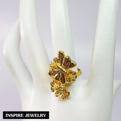 Inspire Jewelry ,แหวนทอง รูปผีเสื้อและดอกไม้ ตัวเรือนหุ้มทองแท้ 100% 24K สวยหรู