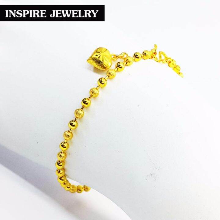 inspire-jewelry-สร้อยข้อมือทอง-เม็ดกลม-ขัดมัน-สลับซาติน-ห้อยหัวใจตอกลาย-แบบร้านทอง-มีให้เลือกระหว่างขนาดเม็ด-2มิล-และ-3มิล-น้ำหนัก-งานทองไมครอน-ชุบเศษทองคำแท้