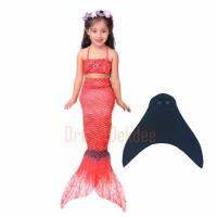 Kids Girls Swimmable Mermaid ชุดนางเงือก ชุดว่ายน้ำเด็กผู้หญิง หางนางเงือก รุ่น Super Dot + ตีนกบ (สีแดงอมส้ม)