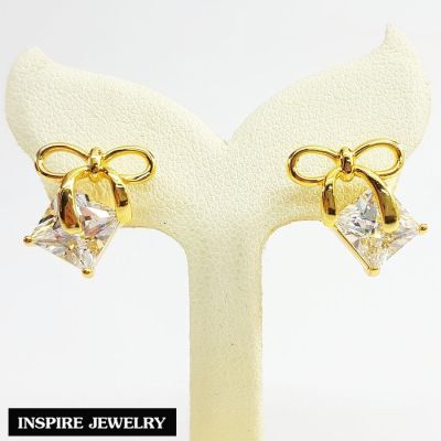Inspire Jewelry ,ต่างหู รูปโบว์ประดับเพชรสวิส หุ้มทองแท้ 100% 24K ขนาด 1.2 CM สวยหรู พร้อมถุงกำมะหยี่