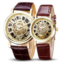 Muge นาฬิกาข้อมือคู่รักสายหนัง Mechanical Skeleton สีน้ำตาล/ทอง รุ่น MG045(Brown) LoverSet