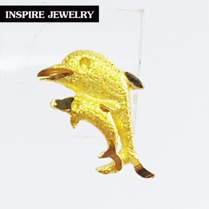 inspire-jewelry-microns-gold-24k-gold-plated-earrings-ต่างหูทองลายโลมาคู่-ตอกลายพ่นทรายแบบทองสวิส-งานจิวเวลลี่-ทองไมครอน-หุ้มทองแท้-100-24k-สวยหรู-ขนาด1x0-5cm