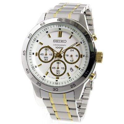 SEIKO Neo Sport นาฬิกาข้อมือผู้ชาย Chronograph สีเงิน/สีทอง สายสแตนเลส 2กษัตริย์ รุ่น SKS523P1