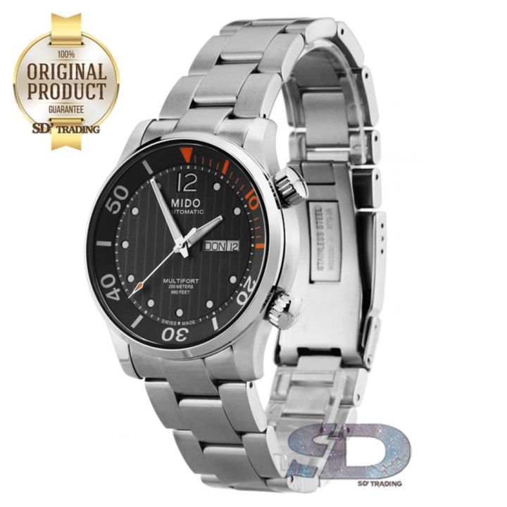 mido-นาฬิกาข้อมือสำหรับผู้ชาย-multifort-two-crowns-automatic-diver-รุ่น-m005-930-11-060-00-silver-black-orange