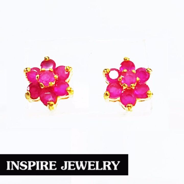 inspire-jewelry-ต่างหูทับทิมชาตั้มรูปดอกไม้-ฝังหนามเตย-งานจิวเวลลี่-ขนาด-0-5x0-5cm-น่ารักมาก-หุ้มทองแท้-24k-100