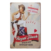 MonkeyAct ป้ายสังกะสีวินเทจ Pin Up Royal Flush Texas Hold EM