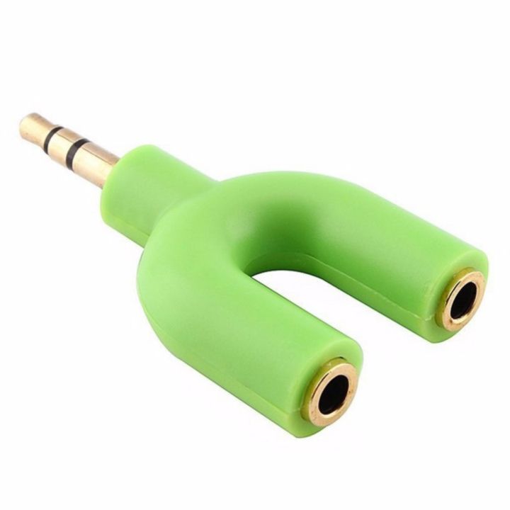3.5mm Male To 2 Female U Shape Stereo Audio Headphone Earphone Splitter Adapter (สีเขียว)