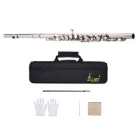 Western Concert Flute Silver Plated 16 Holes C Key Cupronickel Woodwind Instrument with Cleaning Cloth Stick Gloves Mini Screwdriver Padded Bag