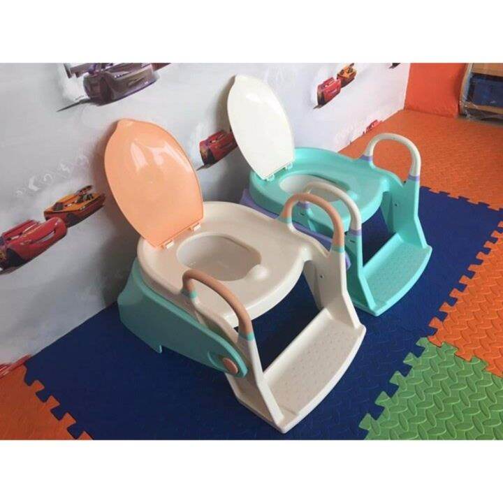 2-in-1-potty-trainer-ที่นั่งรองชักโครกมีบันได-กระโถน-สีเขียวครีม-พรีเมี่ยมเกรด-รุ่นน้องเป่าเปา