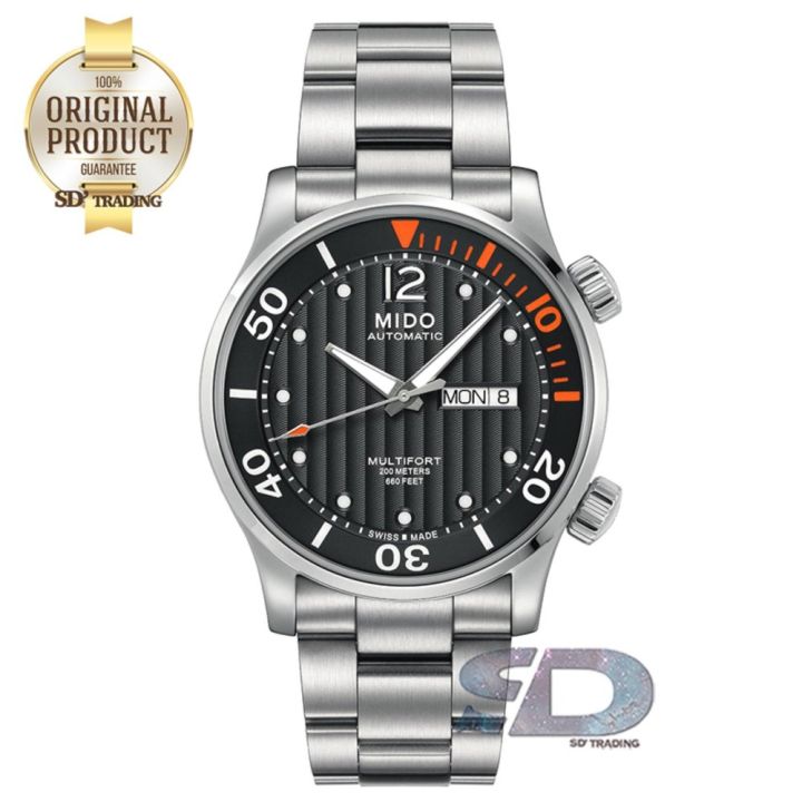 mido-นาฬิกาข้อมือสำหรับผู้ชาย-multifort-two-crowns-automatic-diver-รุ่น-m005-930-11-060-00-silver-black-orange