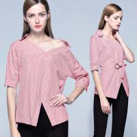 เสื้อแขนยาวลายขวาง Red Tied Waist Striped Turndown Collar Blouse