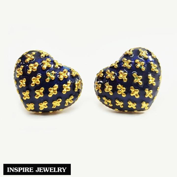 inspire-jewelry-ต่างหูทองรูปหัวใจ-ลงยาน้ำเงิน-หุ้มทองแท้100-24k-สวยหรู-พร้อมถุงกำมะหยี่