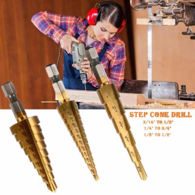 Foco ดอกสว่าน ดอกเจดีย์ (3 ชิ้น) Large HSS Steel Step Cone Drill Titanium Bit Set Hole 3-12/4-12/4-20mm