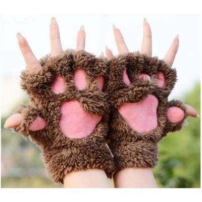 G2G ถุงมือแมวคอสเพลย์กรงเล็บครึ่งนิ้วขนปุกปุย สำหรับใส่เล่นหรือกันหนาว สีน้ำตาล จำนวน 1 คู่