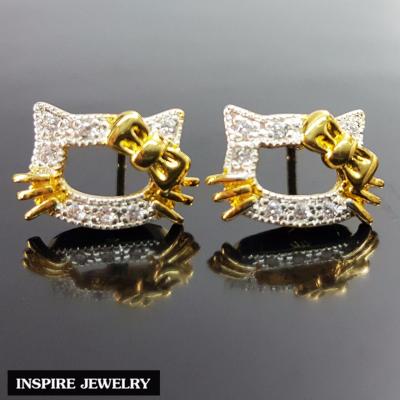Inspire Jewelry ,ต่างหูแมว ฝังเพชร ตัวเรือนหุ้มทองแท้ 100% 24K สวยหรู พร้อมกล่องทอง