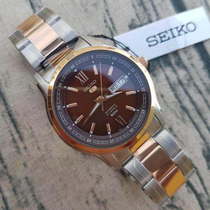 seiko-5-jumbo-size-automatic-mens-watch-สายสแตนเลส-2-กษัตริย์-รุ่น-snkp18k1-สีเงิน-สีpinkgold