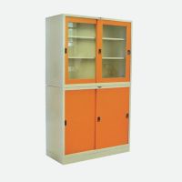 Raminthra Furniture Cabinet ตู้เอกสารเหล็กบานเลื่อน2ชั้นบน+ล่าง ขนาด150ซม.รุ่น RF-5(สีส้ม/ครีม)