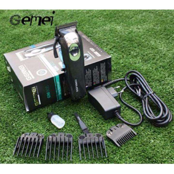 gemei-ปัตตาเลี่ยนไร้สายมีครีบ-ใบมีดสเตนเลส-gm-805-แบตเตอรี่ลิเที่ยมไออน-2-200-mah-ใช้งาน-150-นาที-พร้อมหวีรองตัด-4-ขนาด-สีดำ