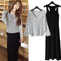 พร้อมส่งจากไทยเสื้อเซ็ท เสื้อยืดคอวี + เดรสยาว ZASHION Set of 2 Knitted V-Neck Sweater and Racerback Sleeveless Maxi Dress