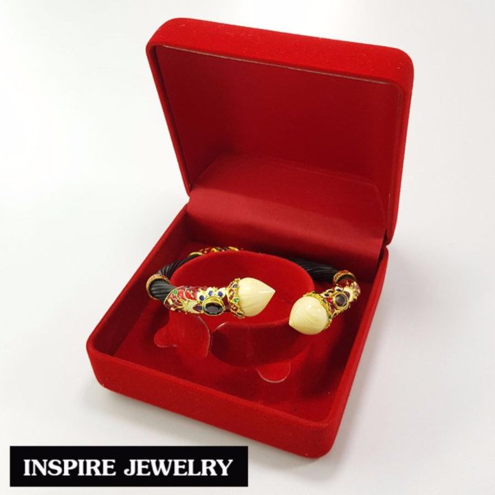 inspire-jewelry-กำไลหางช้าง-สีดำ-ประดับหัวบัวกระดูกช้าง-ตัวเรือนขึ้นเงินแท้-92-5-ชุบทองลงยา-ฝังพลอยพม่าแท้-เป็นเครื่องประดับมงคล