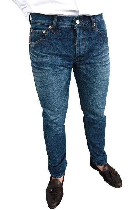 Golden Zebra Jeans กางเกงยีนส์ขากระบอกเล็กริมแดง ฟอกรีดเทียน (สีน้ำเงิน)