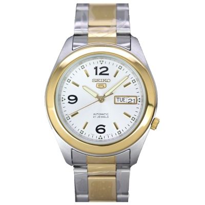 SEIKO 5 Automatic Mens Watch Silver/Gold Stainless Strap SNKM80K1