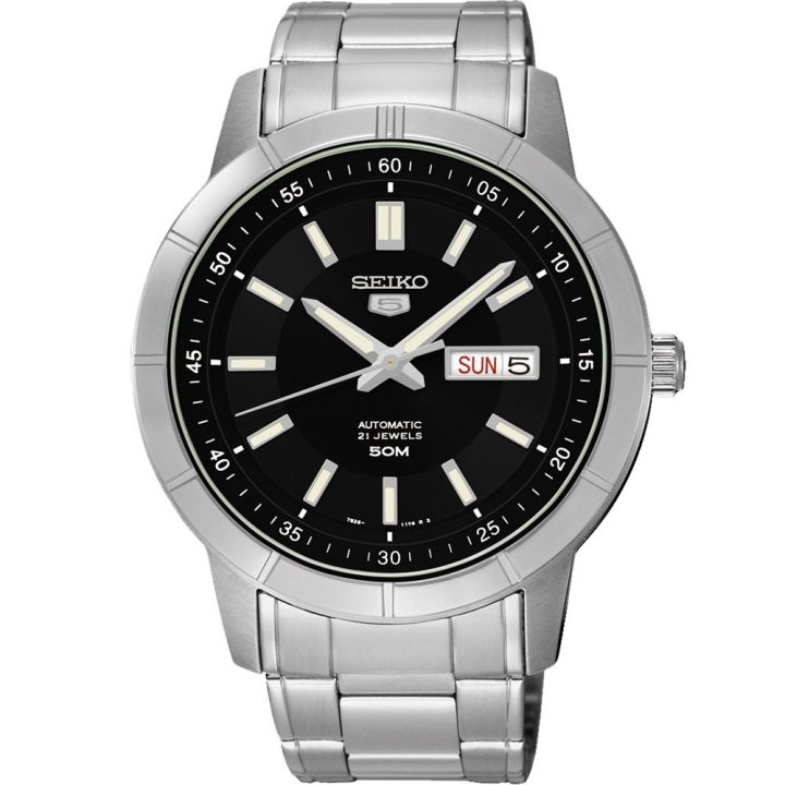 SEIKO 5 Jumbo Size Automatic Mens Watch สายสแตนเลส รุ่น SNKN55K1 - สีเงิน/ สีดำ