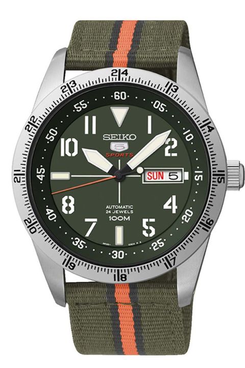 seiko-military-automatic-นาฬิกาผู้ชาย-สีเขียว-สีส้ม-สายผ้าร่ม-รุ่น-srp515k1