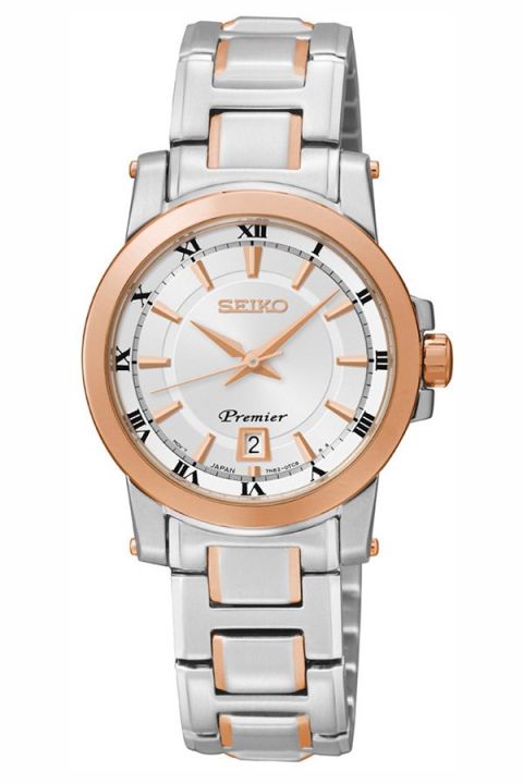 SEIKO Premier นาฬิกาข้อมือผู้หญิง สีเงิน/Pinkgold สายสแตนเลส  รุ่น SXDF46P1