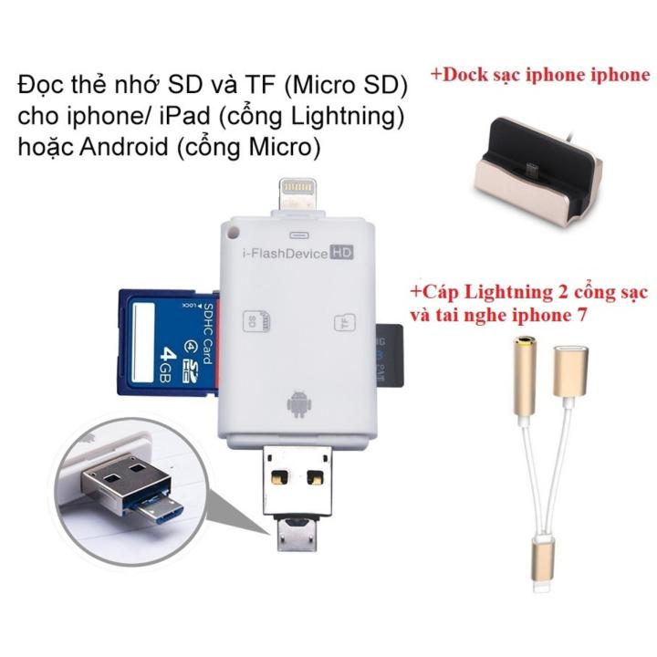 Thiết bị mở rộng bộ nhớ cho Iphone i-Flash Drive + Cáp Lightning 2 cổng sạc  và tai nghe + Dock sạc cho Iphone 